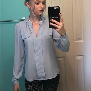 Periwinkle long sleeve blouse with jeweled collar